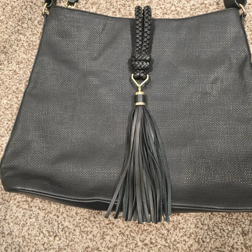 Stella & Dot Black Large Textured Hobo Bag with Tassel